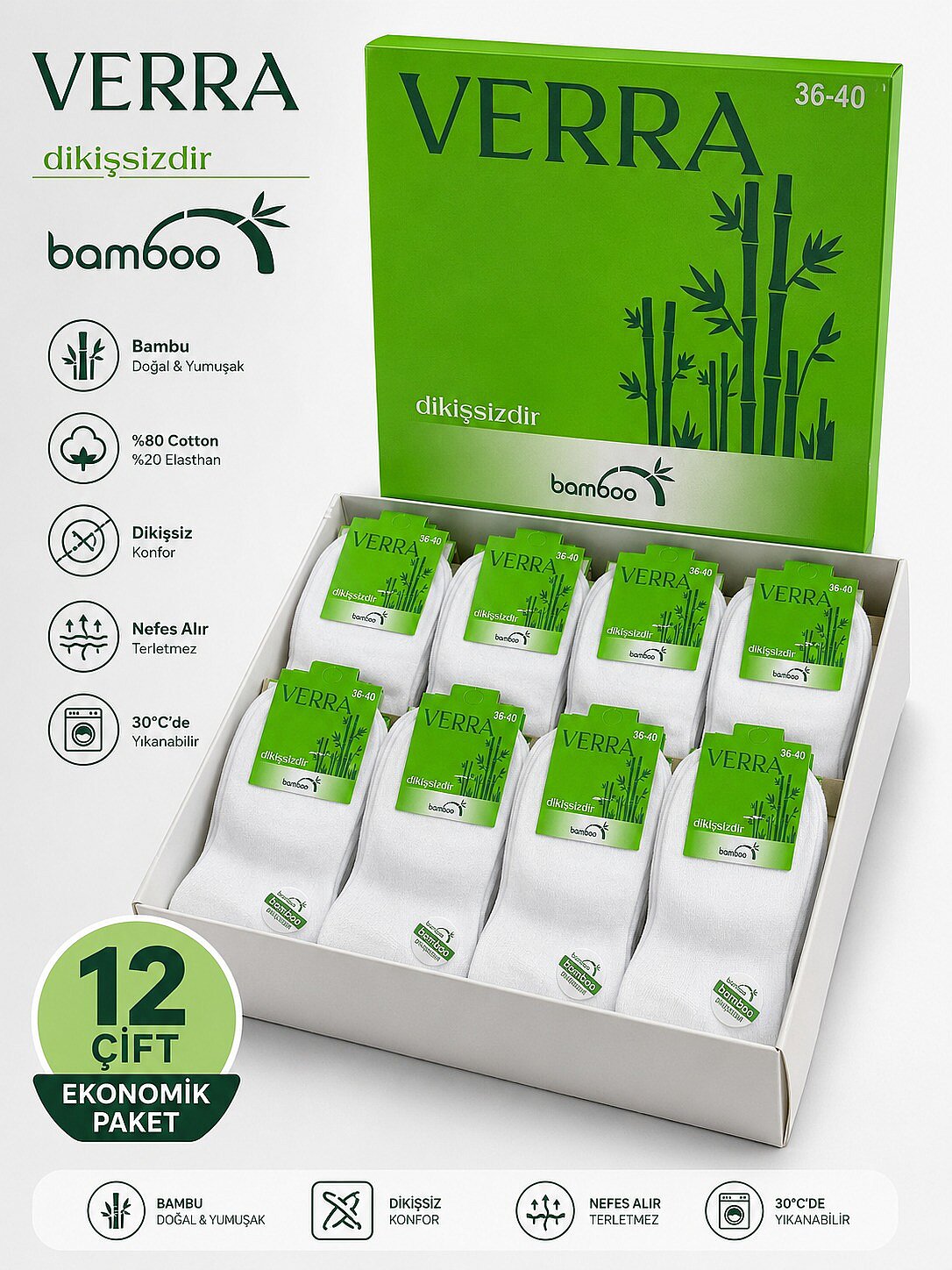 Verra Bayan Bambu Patik 12li Beyaz - 2